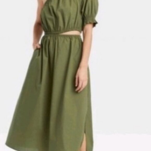 Who What Wear Olive Green Puff Short Sleeve‎ Cut Out Midi Dress Size Small - Picture 4 of 13